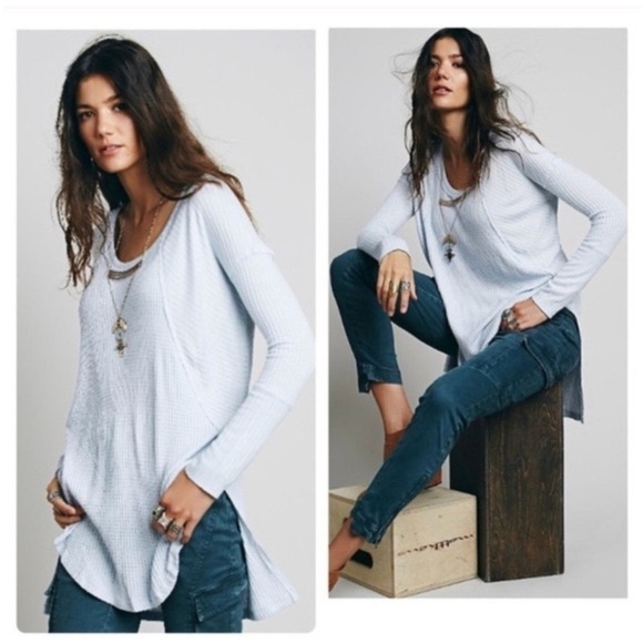 Free People Oversized Ventura Light Blue Waffle Knit Thermal Tunic Top Sz XS - Picture 1 of 14